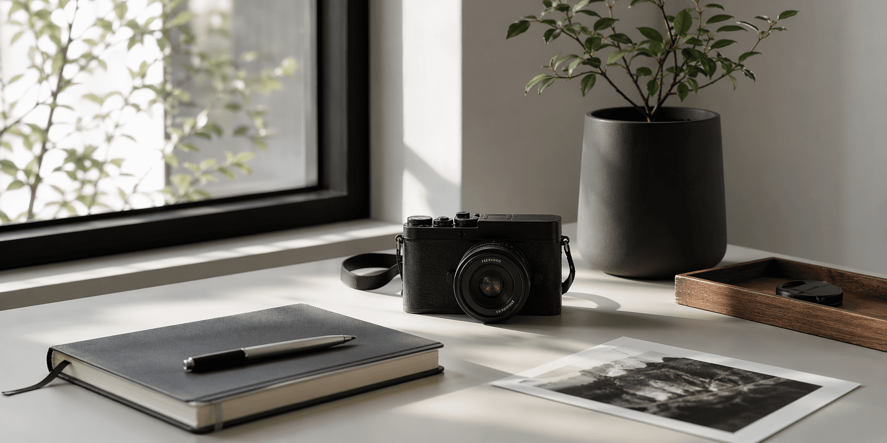 A quiet desk scene with a camera, notebook, and soft natural light.